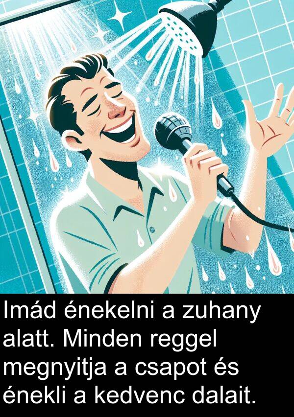 dalait: Imád énekelni a zuhany alatt. Minden reggel megnyitja a csapot és énekli a kedvenc dalait.