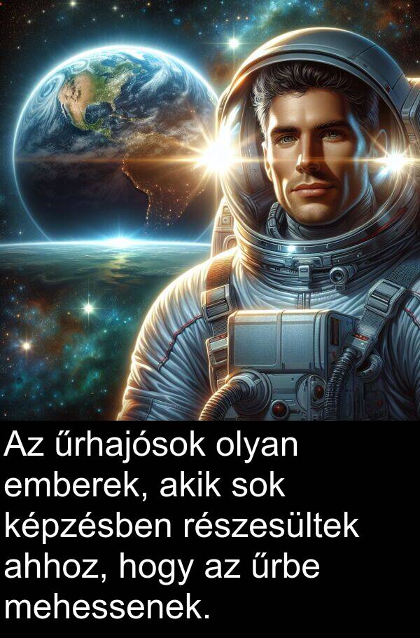 akik: Az űrhajósok olyan emberek, akik sok képzésben részesültek ahhoz, hogy az űrbe mehessenek.