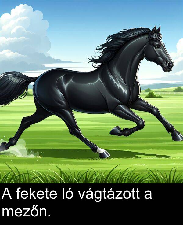 vágtázott: A fekete ló vágtázott a mezőn.