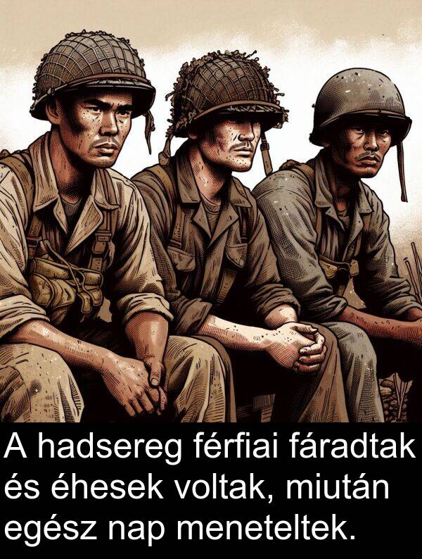 hadsereg: A hadsereg férfiai fáradtak és éhesek voltak, miután egész nap meneteltek.
