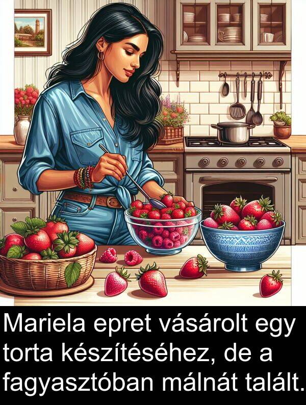 talált: Mariela epret vásárolt egy torta készítéséhez, de a fagyasztóban málnát talált.