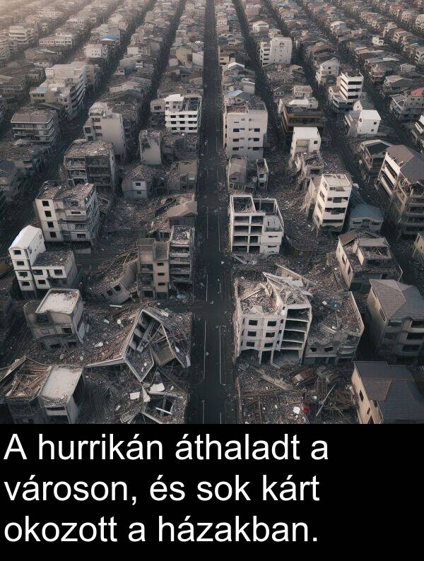 okozott: A hurrikán áthaladt a városon, és sok kárt okozott a házakban.