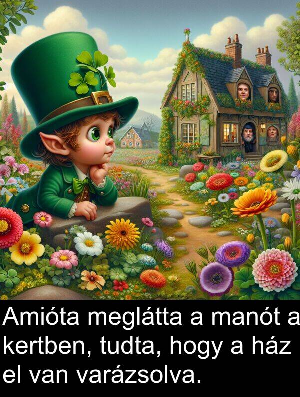 manót: Amióta meglátta a manót a kertben, tudta, hogy a ház el van varázsolva.