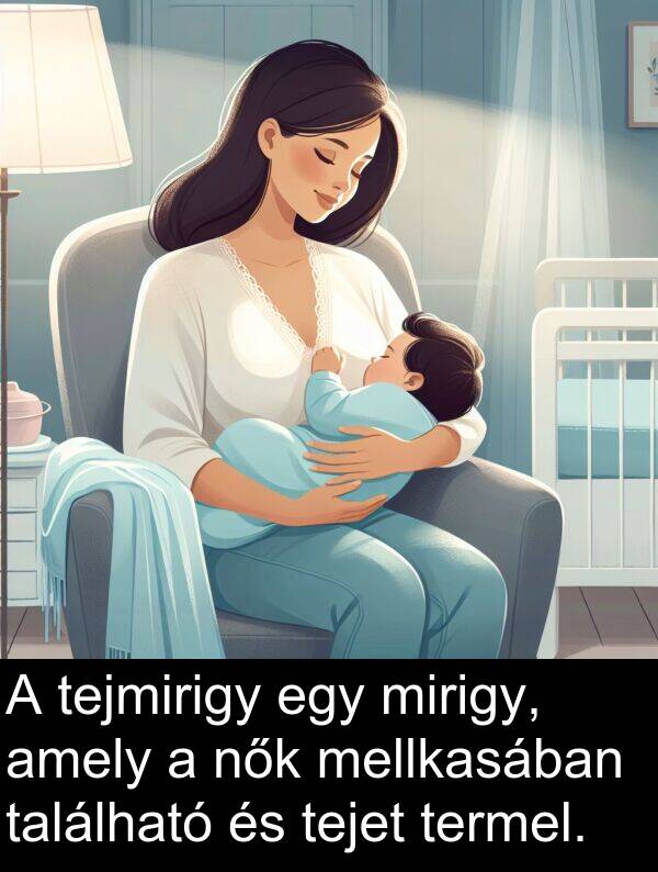 található: A tejmirigy egy mirigy, amely a nők mellkasában található és tejet termel.