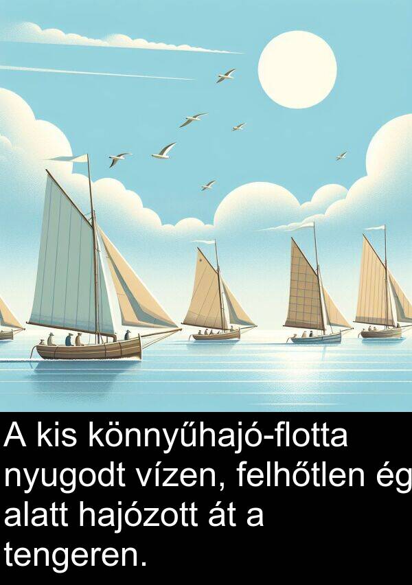 vízen: A kis könnyűhajó-flotta nyugodt vízen, felhőtlen ég alatt hajózott át a tengeren.