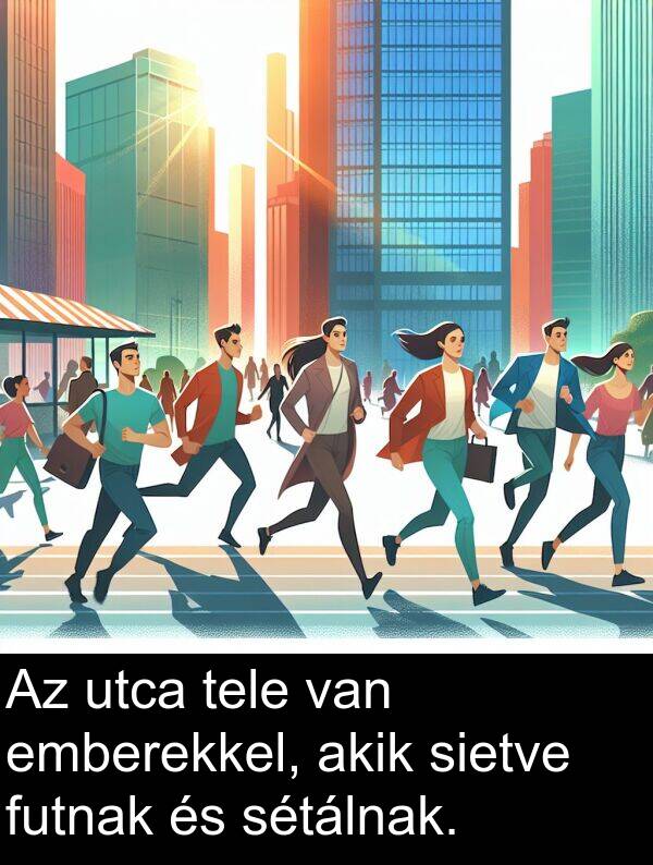 utca: Az utca tele van emberekkel, akik sietve futnak és sétálnak.