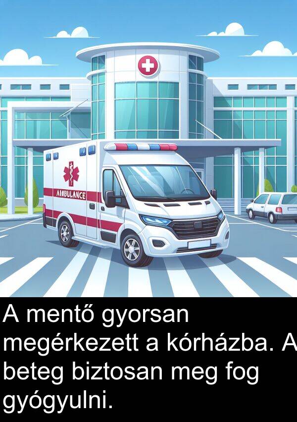 megérkezett: A mentő gyorsan megérkezett a kórházba. A beteg biztosan meg fog gyógyulni.