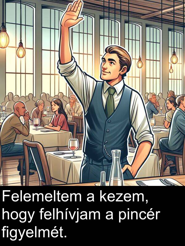 pincér: Felemeltem a kezem, hogy felhívjam a pincér figyelmét.