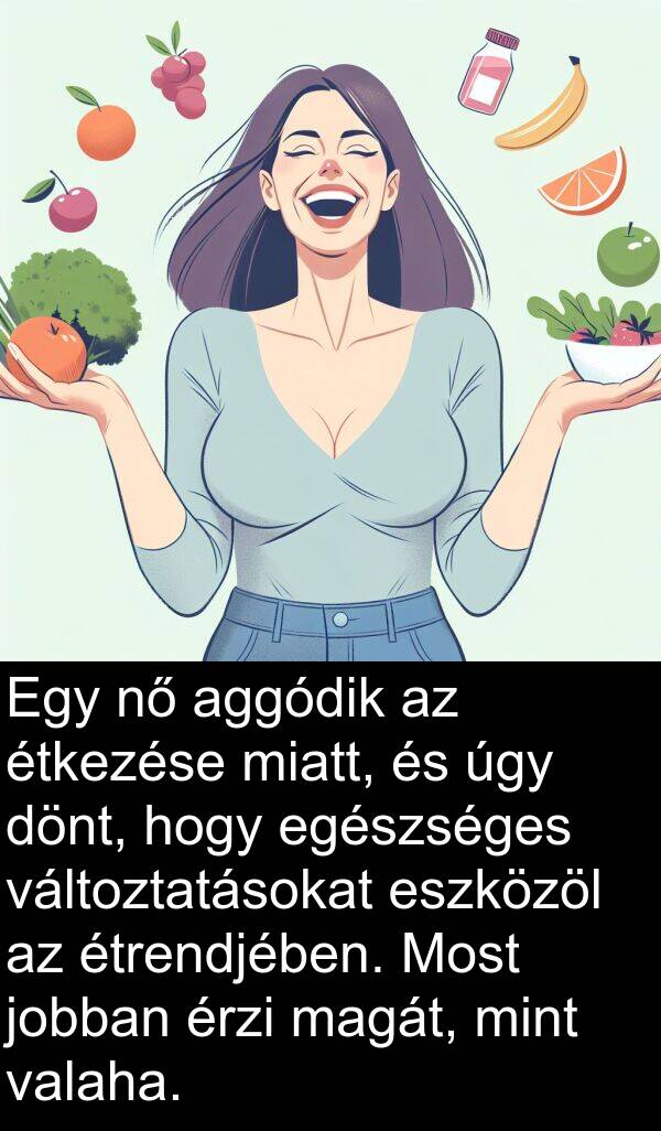 magát: Egy nő aggódik az étkezése miatt, és úgy dönt, hogy egészséges változtatásokat eszközöl az étrendjében. Most jobban érzi magát, mint valaha.