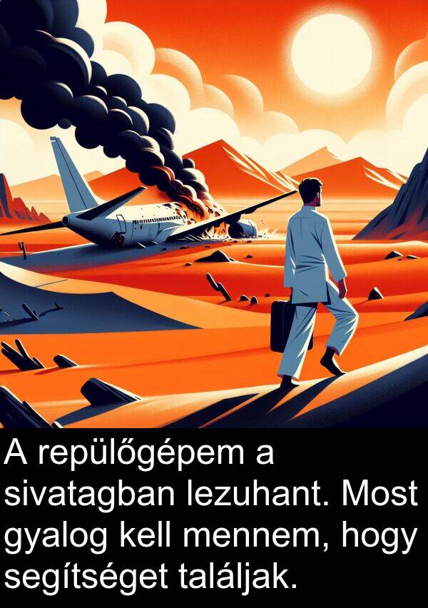 segítséget: A repülőgépem a sivatagban lezuhant. Most gyalog kell mennem, hogy segítséget találjak.