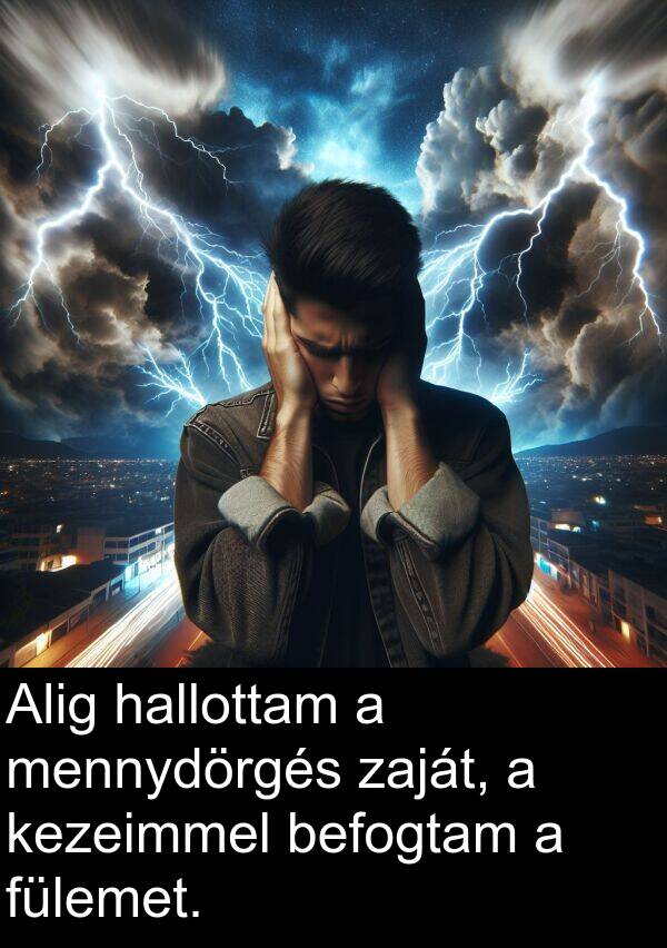 zaját: Alig hallottam a mennydörgés zaját, a kezeimmel befogtam a fülemet.