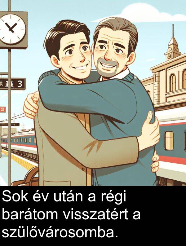 után: Sok év után a régi barátom visszatért a szülővárosomba.