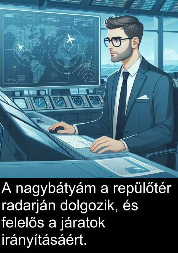 járatok: A nagybátyám a repülőtér radarján dolgozik, és felelős a járatok irányításáért.