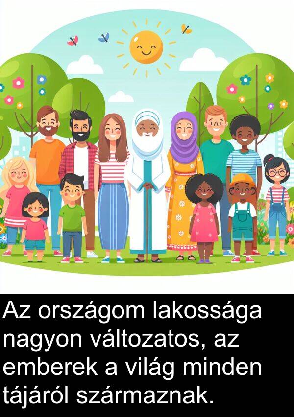 tájáról: Az országom lakossága nagyon változatos, az emberek a világ minden tájáról származnak.