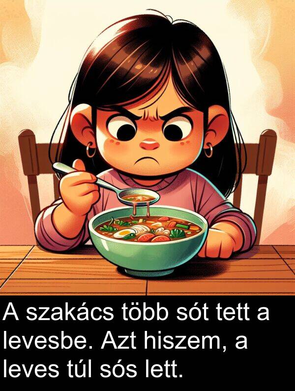 hiszem: A szakács több sót tett a levesbe. Azt hiszem, a leves túl sós lett.