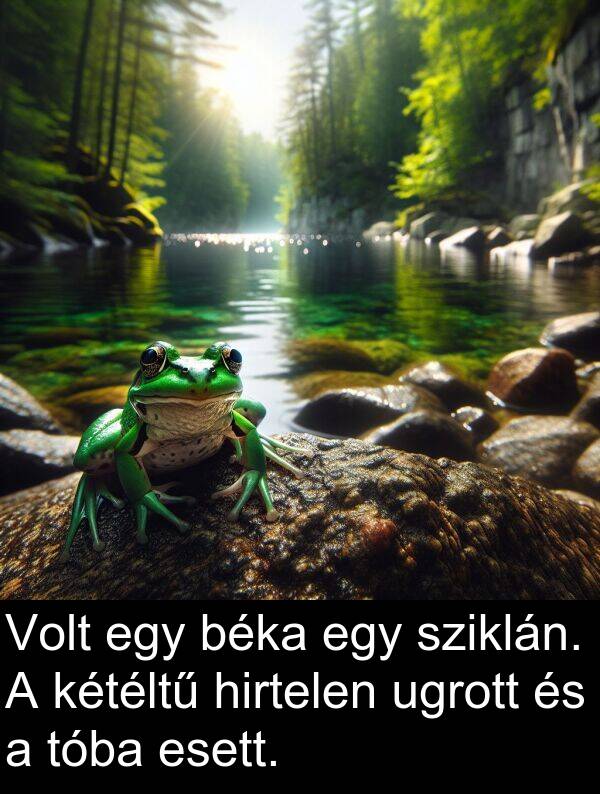 sziklán: Volt egy béka egy sziklán. A kétéltű hirtelen ugrott és a tóba esett.