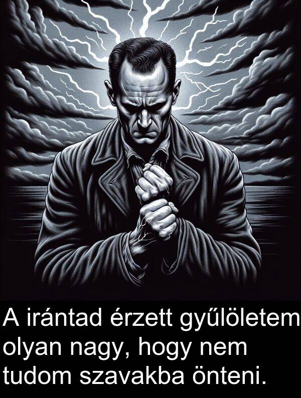 önteni: A irántad érzett gyűlöletem olyan nagy, hogy nem tudom szavakba önteni.