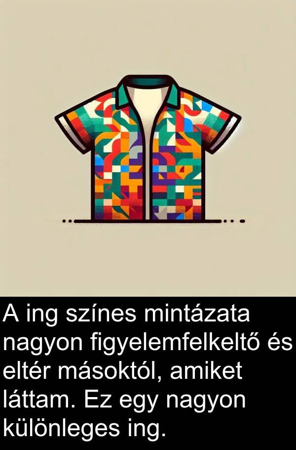 másoktól: A ing színes mintázata nagyon figyelemfelkeltő és eltér másoktól, amiket láttam. Ez egy nagyon különleges ing.