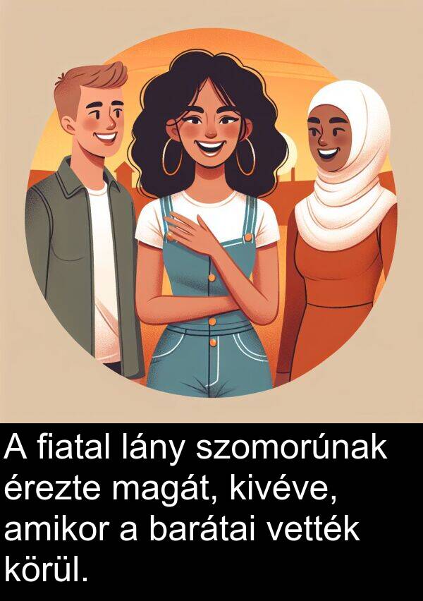 magát: A fiatal lány szomorúnak érezte magát, kivéve, amikor a barátai vették körül.