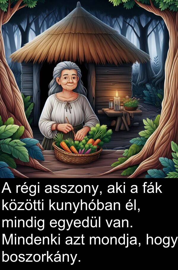 mondja: A régi asszony, aki a fák közötti kunyhóban él, mindig egyedül van. Mindenki azt mondja, hogy boszorkány.