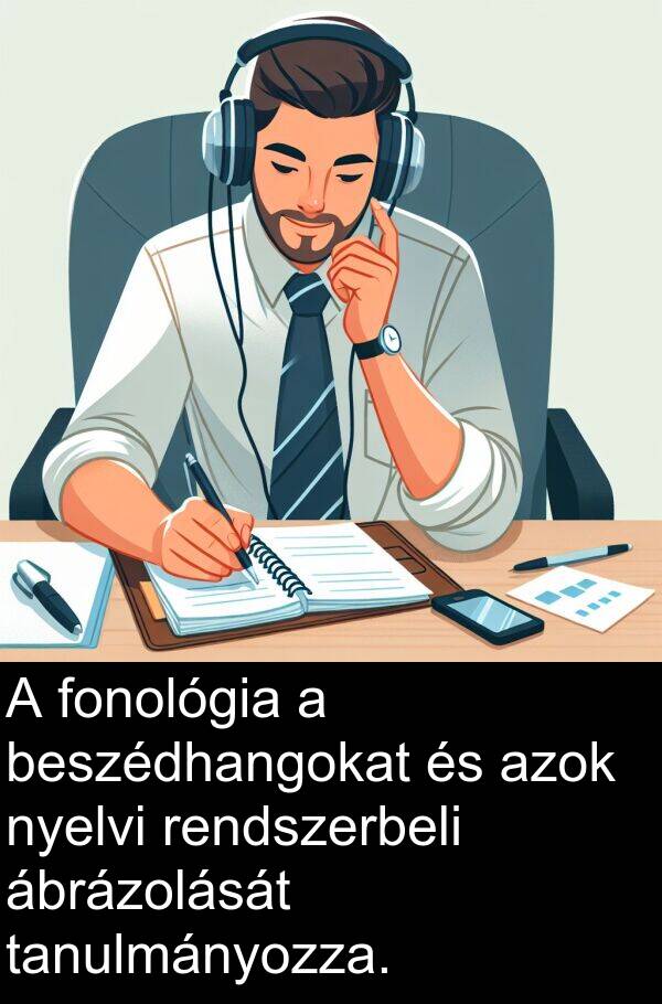 ábrázolását: A fonológia a beszédhangokat és azok nyelvi rendszerbeli ábrázolását tanulmányozza.