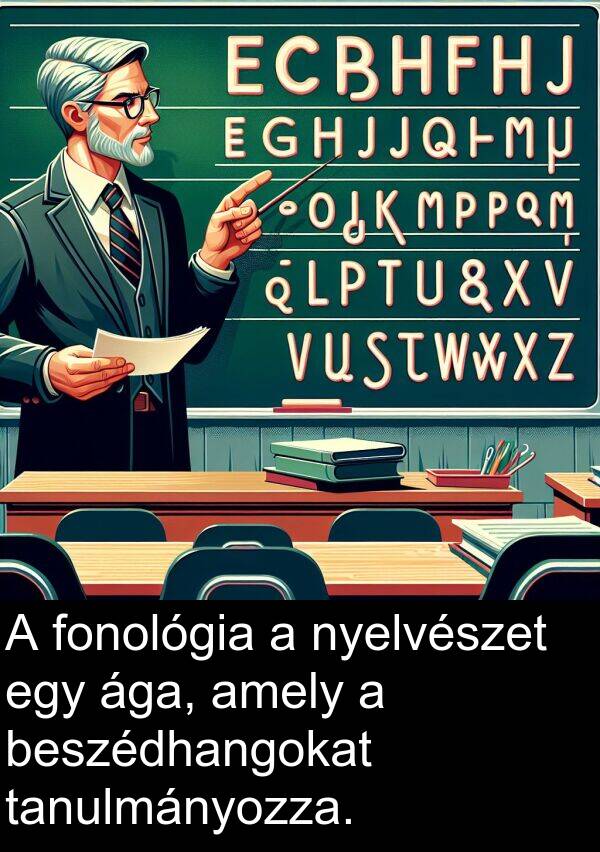 ága: A fonológia a nyelvészet egy ága, amely a beszédhangokat tanulmányozza.