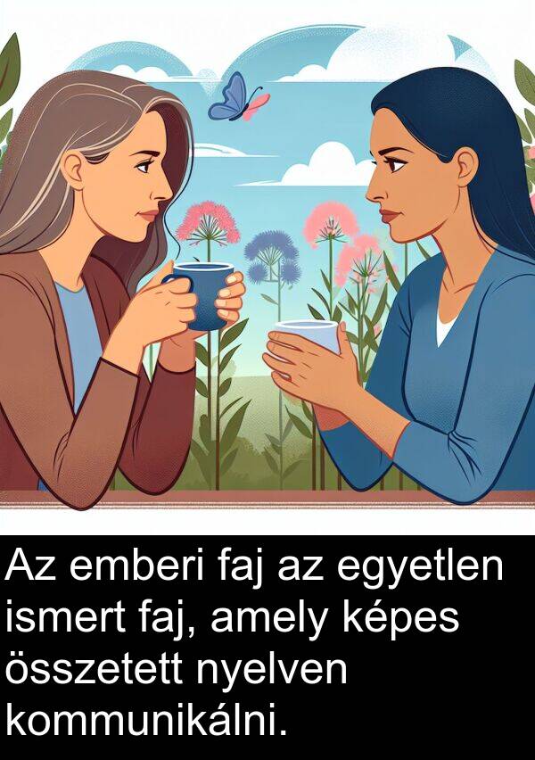 összetett: Az emberi faj az egyetlen ismert faj, amely képes összetett nyelven kommunikálni.
