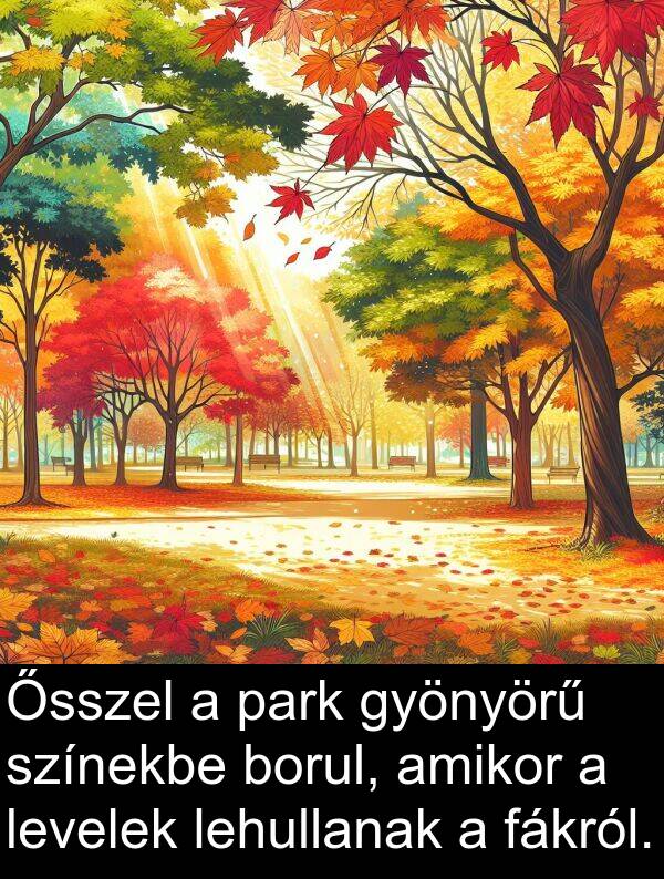 színekbe: Ősszel a park gyönyörű színekbe borul, amikor a levelek lehullanak a fákról.