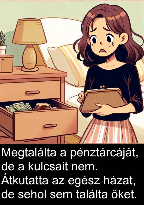 őket: Megtalálta a pénztárcáját, de a kulcsait nem. Átkutatta az egész házat, de sehol sem találta őket.