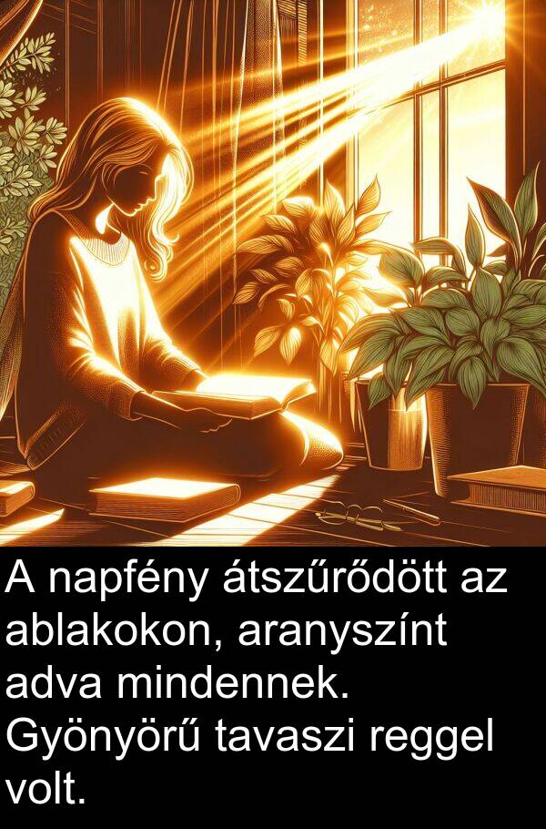 ablakokon: A napfény átszűrődött az ablakokon, aranyszínt adva mindennek. Gyönyörű tavaszi reggel volt.