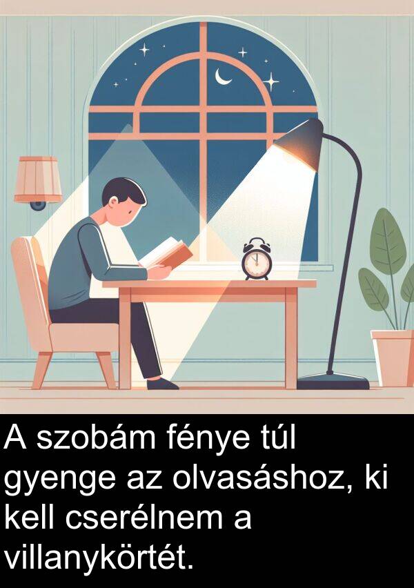 cserélnem: A szobám fénye túl gyenge az olvasáshoz, ki kell cserélnem a villanykörtét.