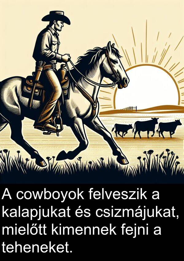 csizmájukat: A cowboyok felveszik a kalapjukat és csizmájukat, mielőtt kimennek fejni a teheneket.