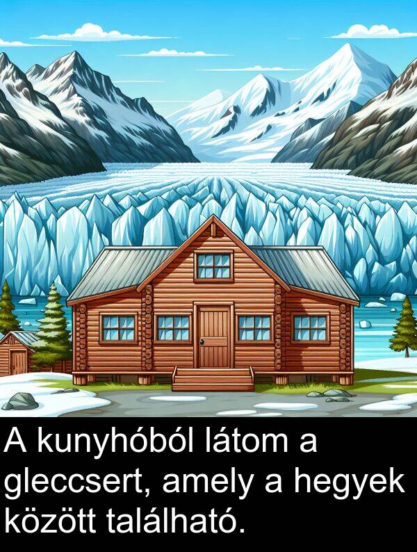 található: A kunyhóból látom a gleccsert, amely a hegyek között található.
