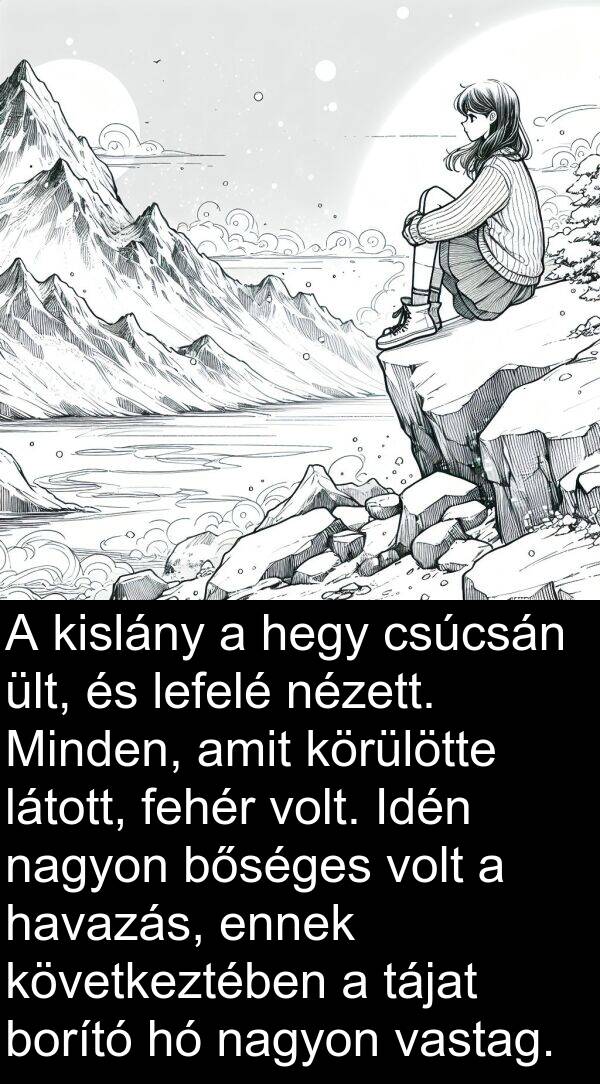 tájat: A kislány a hegy csúcsán ült, és lefelé nézett. Minden, amit körülötte látott, fehér volt. Idén nagyon bőséges volt a havazás, ennek következtében a tájat borító hó nagyon vastag.