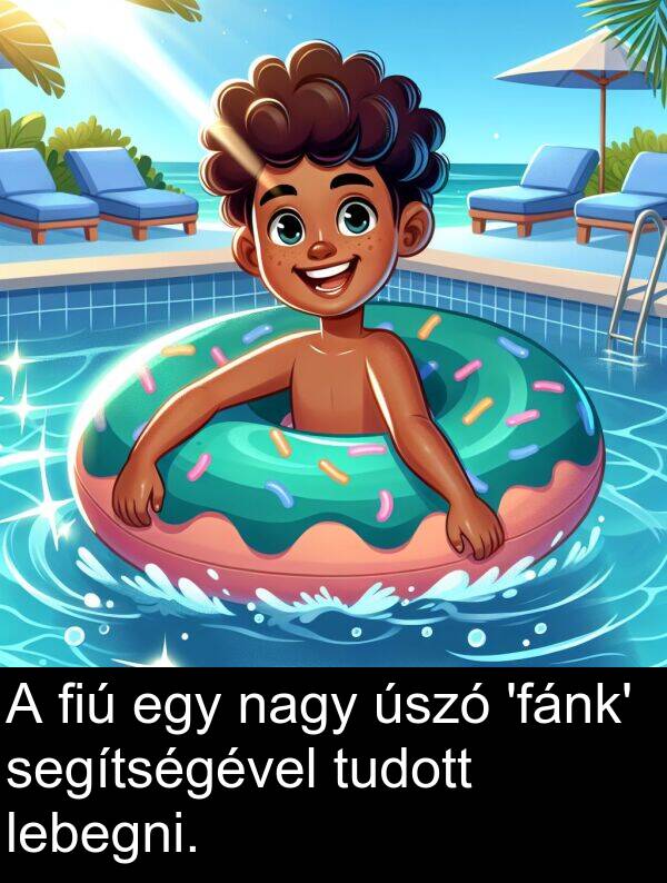segítségével: A fiú egy nagy úszó 'fánk' segítségével tudott lebegni.