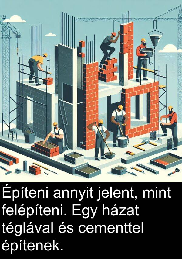 cementtel: Építeni annyit jelent, mint felépíteni. Egy házat téglával és cementtel építenek.