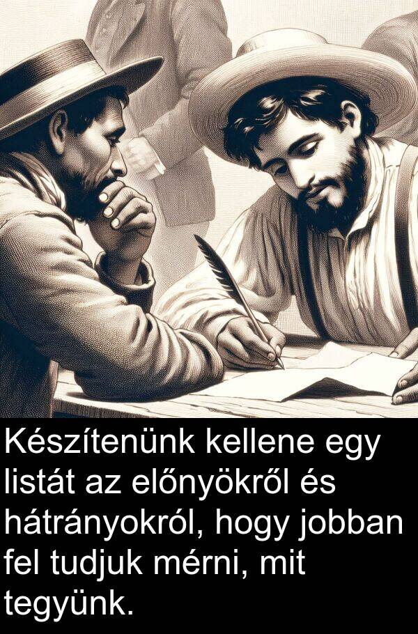 mit: Készítenünk kellene egy listát az előnyökről és hátrányokról, hogy jobban fel tudjuk mérni, mit tegyünk.