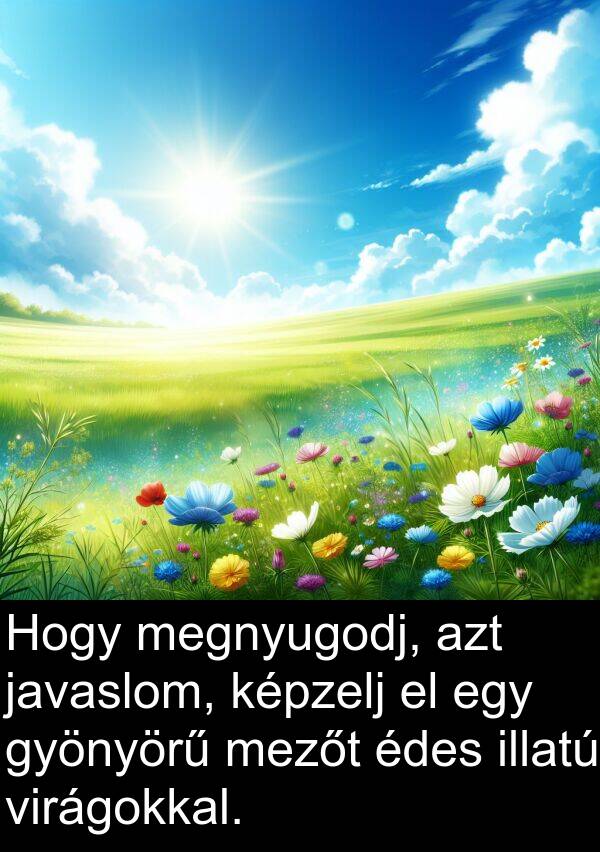 javaslom: Hogy megnyugodj, azt javaslom, képzelj el egy gyönyörű mezőt édes illatú virágokkal.