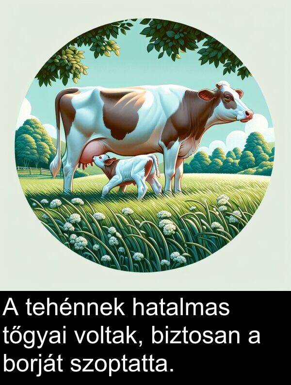 tőgyai: A tehénnek hatalmas tőgyai voltak, biztosan a borját szoptatta.