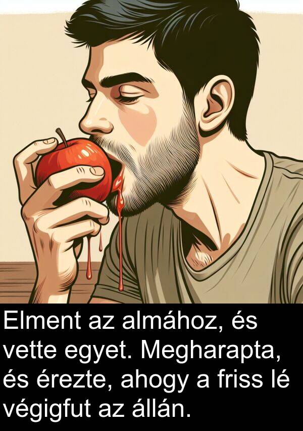 állán: Elment az almához, és vette egyet. Megharapta, és érezte, ahogy a friss lé végigfut az állán.