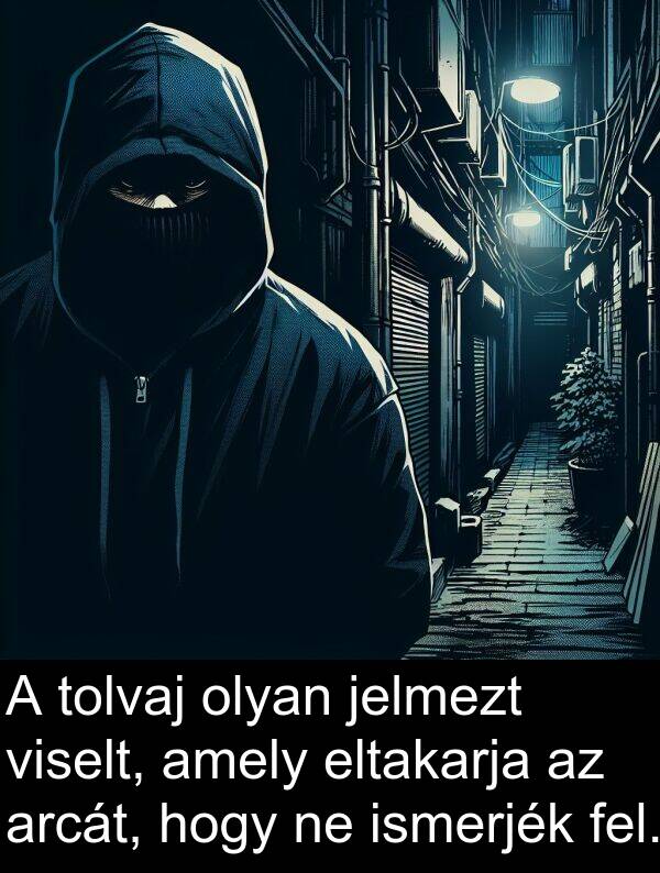 arcát: A tolvaj olyan jelmezt viselt, amely eltakarja az arcát, hogy ne ismerjék fel.