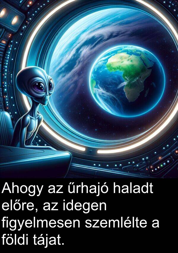 tájat: Ahogy az űrhajó haladt előre, az idegen figyelmesen szemlélte a földi tájat.