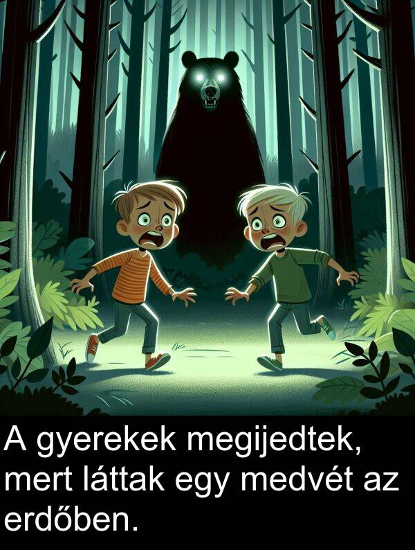 mert: A gyerekek megijedtek, mert láttak egy medvét az erdőben.
