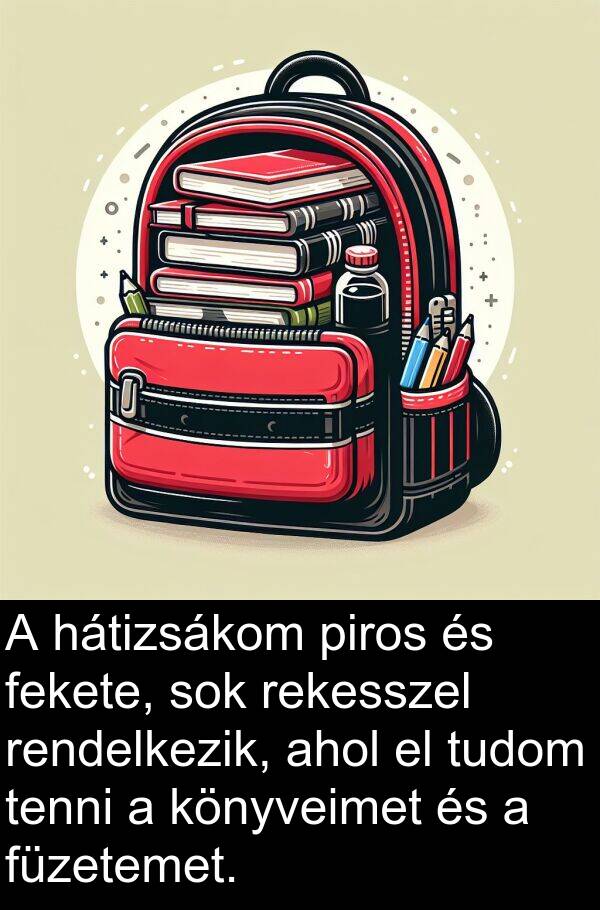 piros: A hátizsákom piros és fekete, sok rekesszel rendelkezik, ahol el tudom tenni a könyveimet és a füzetemet.