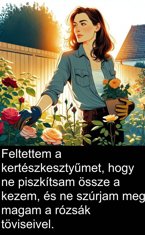magam: Feltettem a kertészkesztyűmet, hogy ne piszkítsam össze a kezem, és ne szúrjam meg magam a rózsák töviseivel.