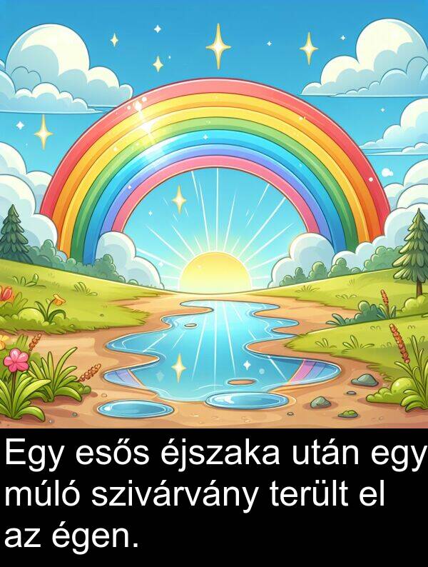 után: Egy esős éjszaka után egy múló szivárvány terült el az égen.