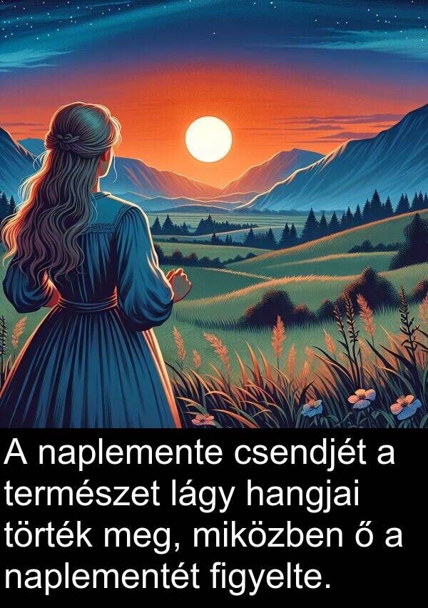 naplemente: A naplemente csendjét a természet lágy hangjai törték meg, miközben ő a naplementét figyelte.
