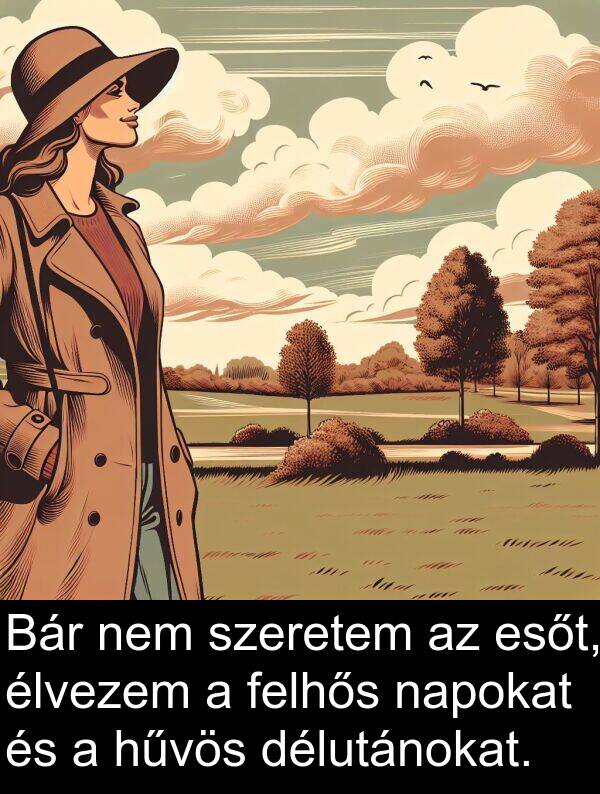 délutánokat: Bár nem szeretem az esőt, élvezem a felhős napokat és a hűvös délutánokat.