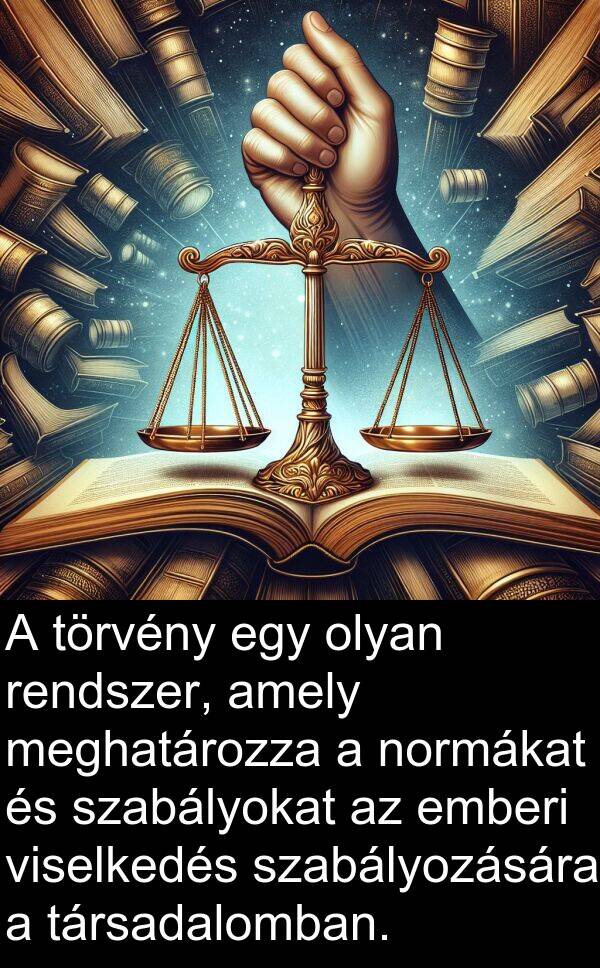 meghatározza: A törvény egy olyan rendszer, amely meghatározza a normákat és szabályokat az emberi viselkedés szabályozására a társadalomban.
