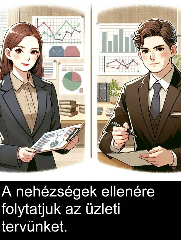 nehézségek: A nehézségek ellenére folytatjuk az üzleti tervünket.